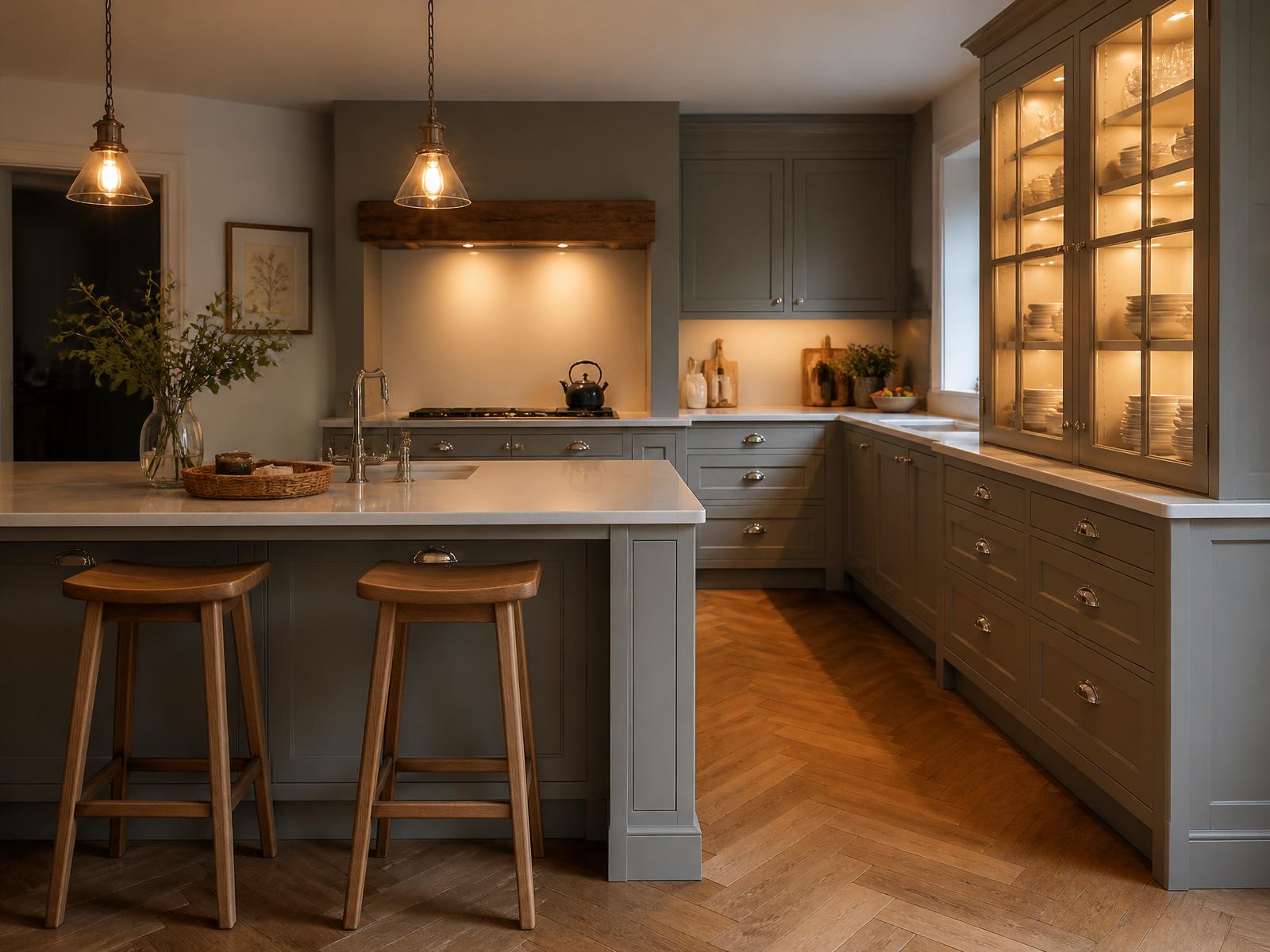 Partridge grey in-frame kitchen with painted cabinetry and warm lighting