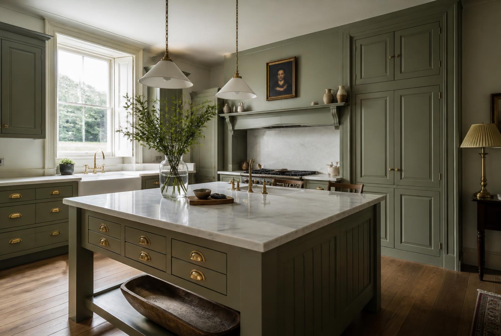 Handmade in-frame kitchen in sage green with brass cup handles and a marble-topped island