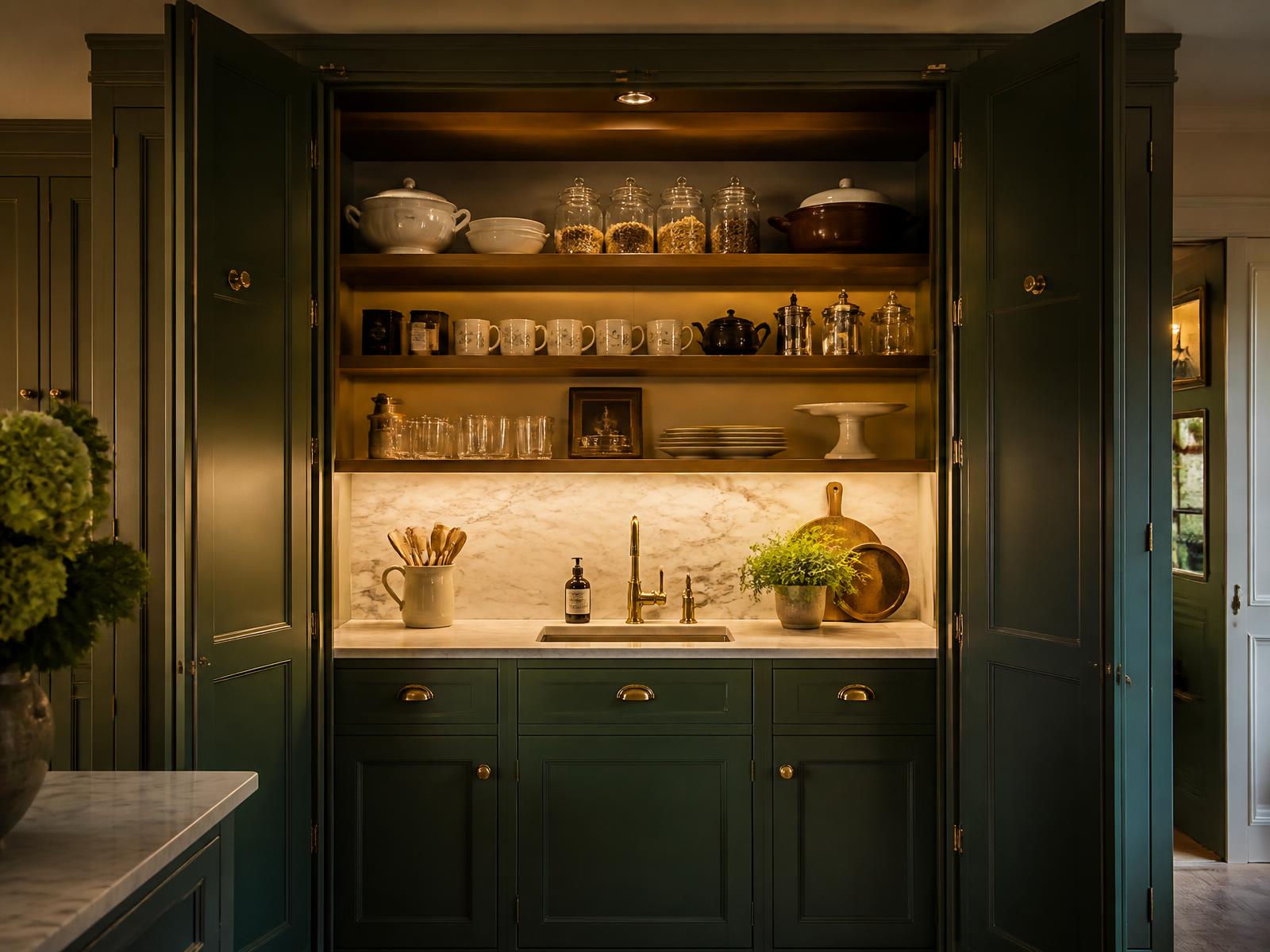 Bespoke butler pantry with hidden worktop area and warm lighting