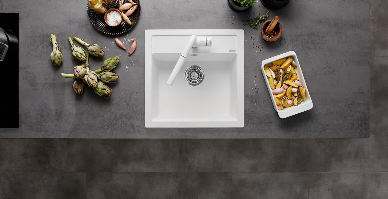 Blanco Dalago single bowl Silgranit sink in a straight run of cabinetry