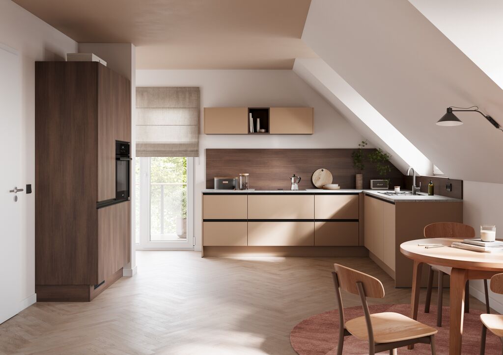 Impuls IP 3150 kitchen in matt lacquer caramel with dark timber tall units