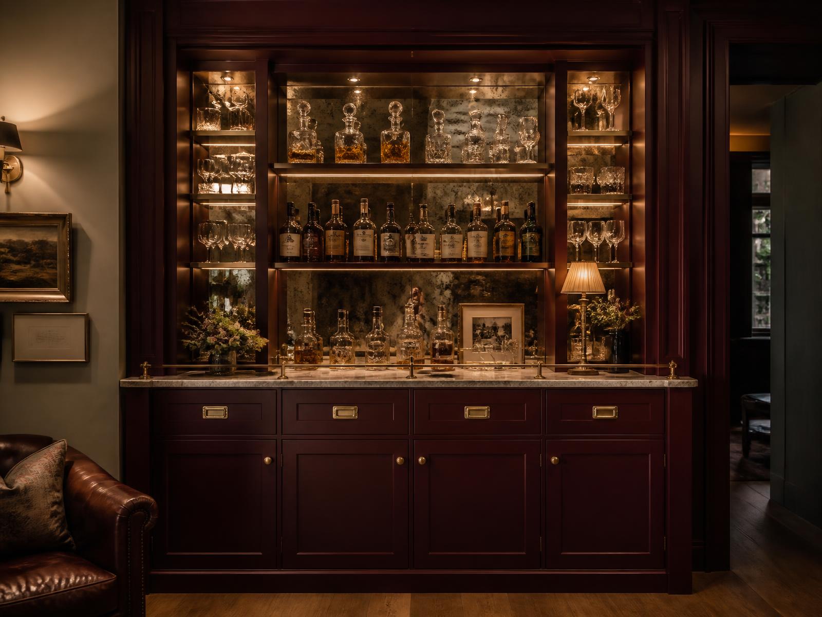 Warmly lit bespoke bar area with glazed cabinetry