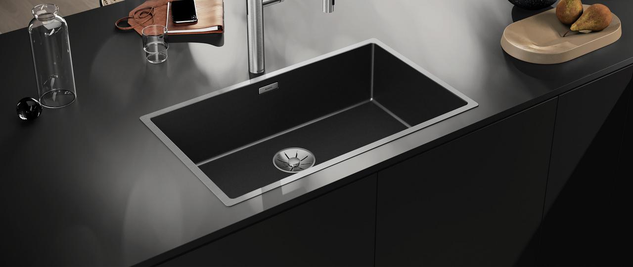 Blanco Claron stainless steel bowl with tight corner radii undermounted in a stone worktop