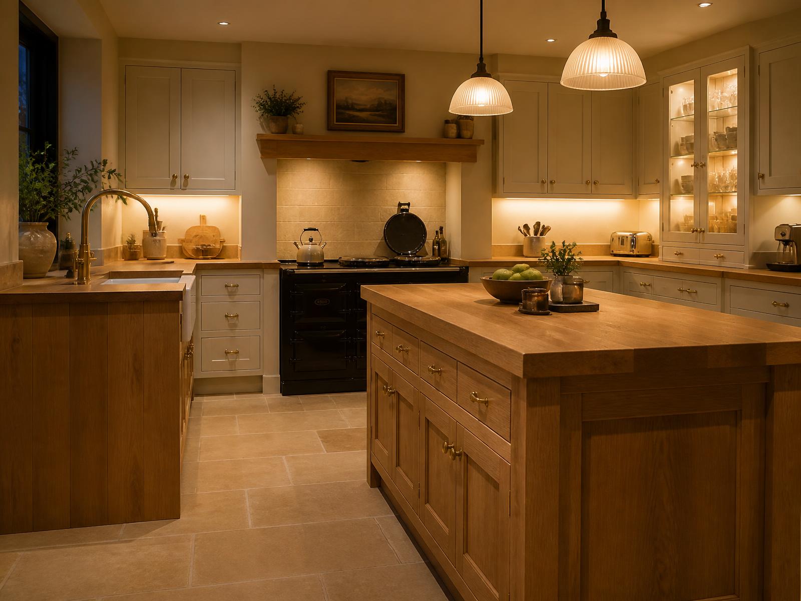 Oak in-frame kitchen with warm lighting in an Edinburgh home