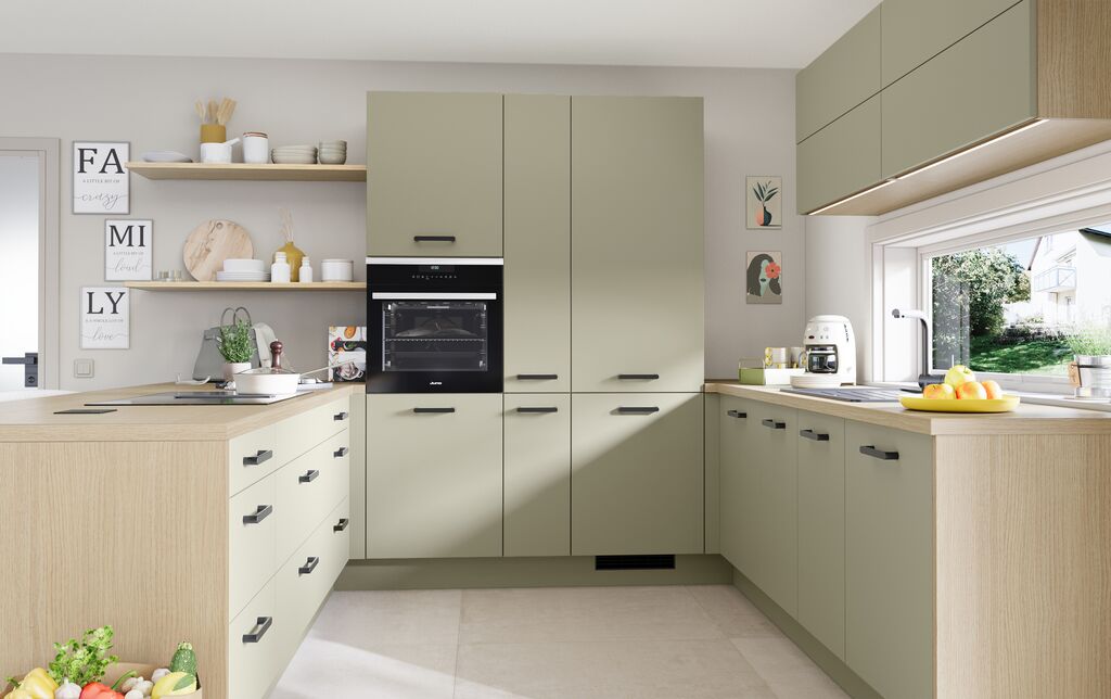Complete German kitchen design with furniture, island, worktops and appliances