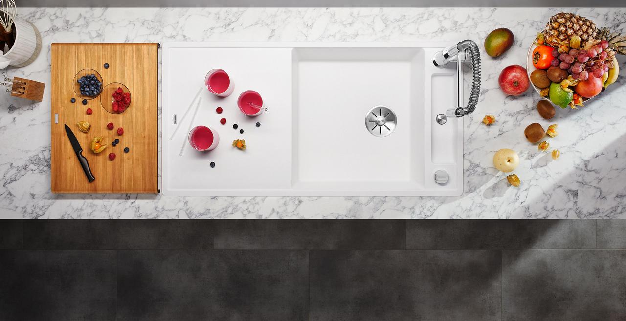 Blanco Axia III white Silgranit sink with drainer, wooden chopping board and pull-out tap