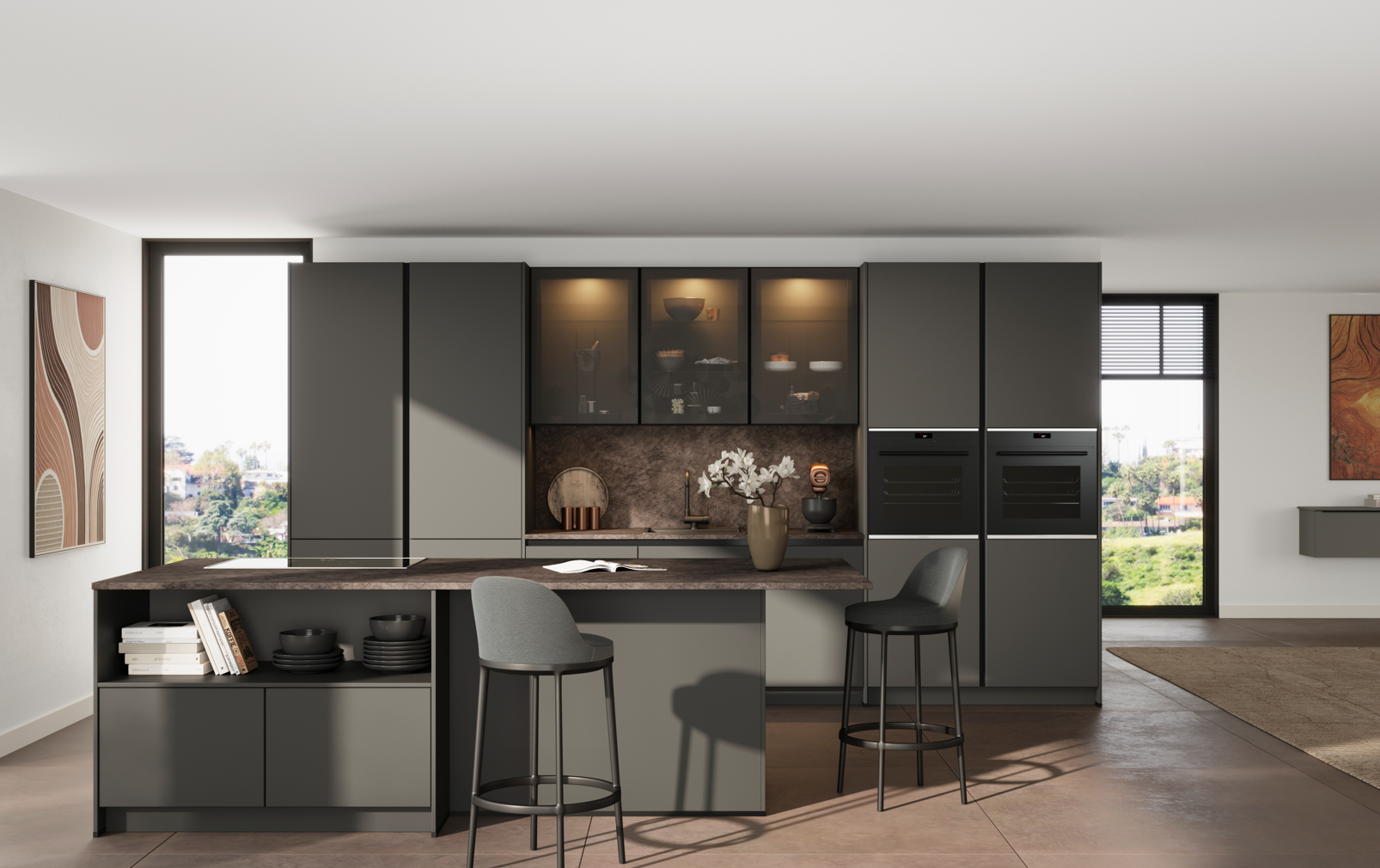 Impuls German kitchen in graphite grey with handleless fronts, tall oven housing and a stone-topped island