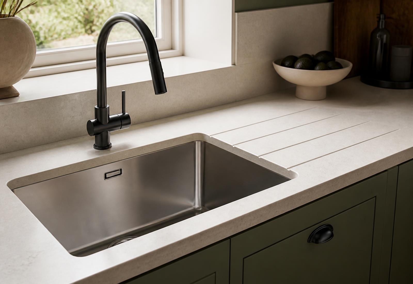 Undermounted stainless steel sink with a matt black pull-out mixer tap in a pale stone worktop